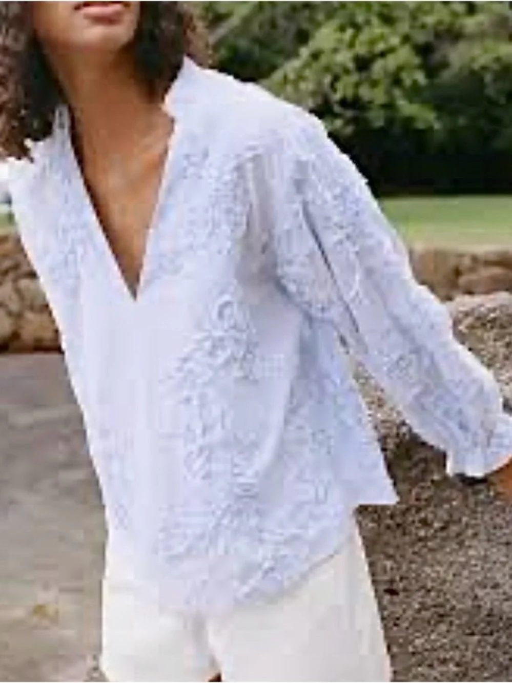 Zara embossed floral Light Blue V-Neck vertical stripe blouse with ruffle sleeve - Picture 7 of 9